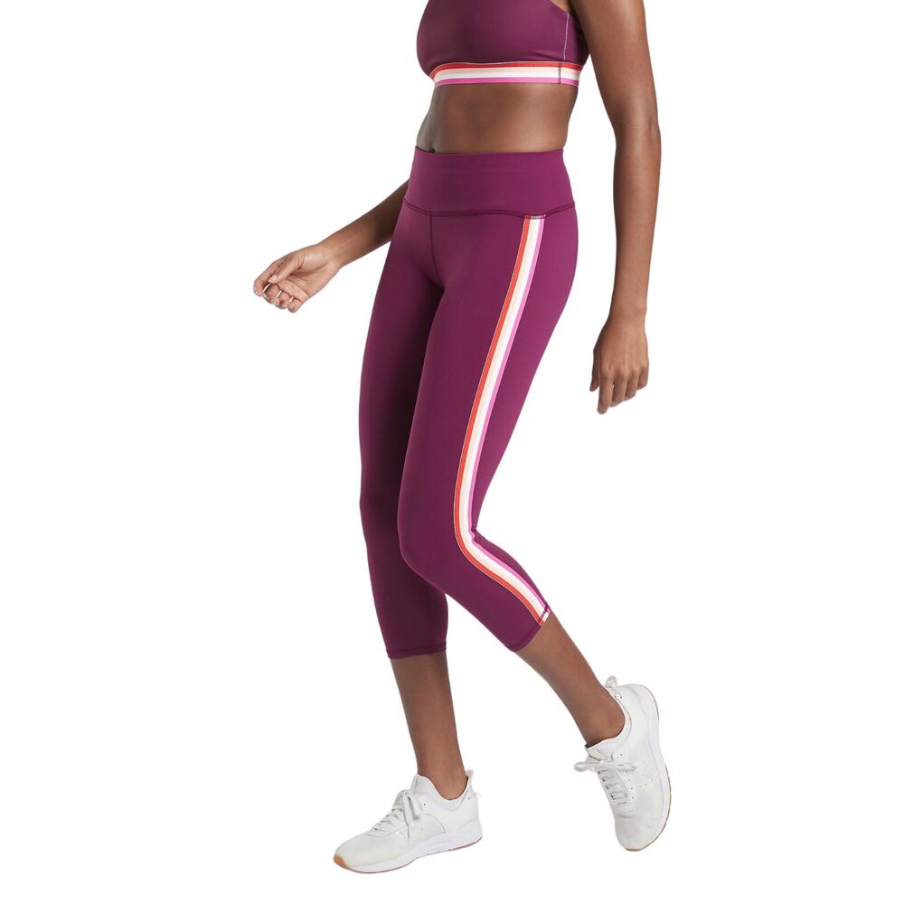 Athleta | Purple Plum Contender Tuxedo Stripe Mid Rise Cropped Capri Leggings